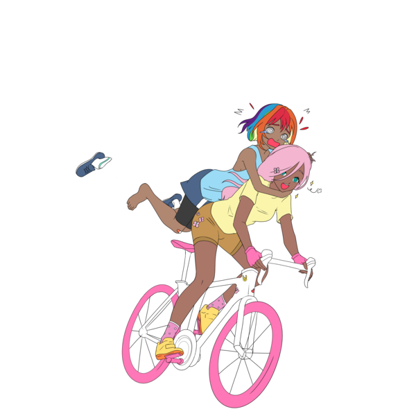 Size: 3072x3072 | Tagged: safe, artist:cryweas, artist:icicle-wicicle-1517, color edit, derpibooru import, edit, fluttershy, rainbow dash, human, alternate hairstyle, barefoot, bicycle, blackwashing, clothes, collaboration, colored, compression shorts, dark skin, discarded clothing, duo, feet, female, fingerless gloves, flutterdash, gloves, hair over one eye, holding on, hug, humanized, image, lesbian, open mouth, personality swap, png, scared, scaredy dash, shipping, shirt, shoes, shorts, simple background, sneakers, socks, starry eyes, swirly eyes, t-shirt, tanktop, transparent background, wingding eyes