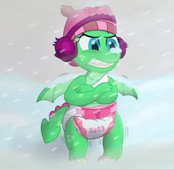 Size: 3400x3311 | Tagged: safe, artist:sweetielover, derpibooru import, oc, oc:goldigony, unofficial characters only, dragon, crossed arms, diaper, diaper fetish, dragoness, earmuffs, female, fetish, gritted teeth, hat, high res, image, new year, pink diaper, png, shivering, snow, solo, spread wings, storm, teeth, wings, winter, winter hat