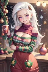Size: 1024x1536 | Tagged: safe, ai content, derpibooru import, editor:sammykun, machine learning generated, trixie, human, beautiful, breasts, busty trixie, chocolate, christmas, christmas tree, cleavage, clothes, coffee mug, cute, diatrixes, female, food, g4, generator:yodayo, happy new year, holiday, hot chocolate, humanized, image, jpeg, long hair, long sleeves, looking at you, mug, prompter:sammykun, shoulderless, solo, sweater, tree, window, wood