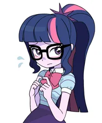 Size: 1870x2232 | Tagged: safe, artist:cheesesauce_45, derpibooru import, sci-twi, twilight sparkle, human, equestria girls, blushing, cute, emanata, female, fingers together, high res, image, jpeg, looking away, plewds, simple background, solo, white background