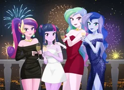 Size: 1125x825 | Tagged: safe, artist:riouku, derpibooru import, princess cadance, princess celestia, princess luna, twilight sparkle, human, equestria girls, 2024, alcohol, alternate hairstyle, bracelet, champagne, champagne glass, choker, clothes, commission, cute, cutedance, cutelestia, dean cadance, dress, ear piercing, earring, elegant, eyeshadow, female, fireworks, g4, happy new year, happy new year 2024, holiday, image, jewelry, lipstick, lunabetes, makeup, nail polish, necklace, new year, night, piercing, png, ponytail, principal celestia, royal sisters, siblings, sisters, twiabetes, vice principal luna, wine