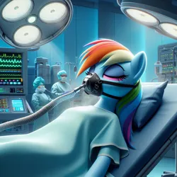 Size: 1024x1024 | Tagged: safe, ai content, derpibooru import, machine learning generated, rainbow dash, alien, pegasus, anesthesia, anesthesia mask, black anesthesia mask, clothes, generator:bing image creator, hospital gown, image, jpeg, mask, medical, oxygen mask, scrubs (gear), sleepy, surgery, surgical mask, technology