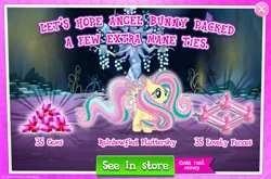 Size: 1956x1293 | Tagged: safe, derpibooru import, official, fluttershy, pegasus, pony, advertisement, costs real money, english, female, fence, g4, gameloft, gem, image, jpeg, mare, mobile game, my little pony: magic princess, numbers, rainbow power, sale, solo, spread wings, text, wings