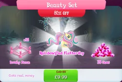 Size: 1267x858 | Tagged: safe, derpibooru import, official, fluttershy, pegasus, pony, bundle, costs real money, english, female, fence, g4, gameloft, gem, image, jpeg, mare, mobile game, my little pony: magic princess, numbers, rainbow power, sale, solo, spread wings, text, wings