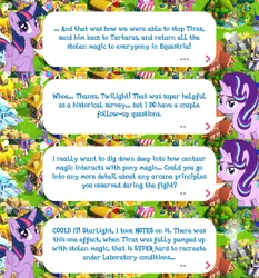 Size: 2048x2200 | Tagged: safe, derpibooru import, official, starlight glimmer, twilight sparkle, twilight sparkle (alicorn), alicorn, pony, unicorn, dialogue, dialogue box, english, female, folded wings, g4, gameloft, horn, image, implied lord tirek, mare, mobile game, my little pony: magic princess, png, speech bubble, text, wings