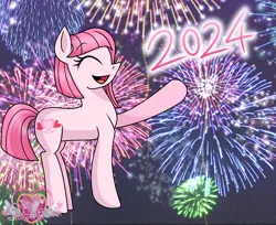 Size: 2052x1671 | Tagged: safe, artist:muhammad yunus, derpibooru import, oc, oc:annisa trihapsari, unofficial characters only, earth pony, pony, earth pony oc, eyes closed, female, fireworks, happy, happy new year, happy new year 2024, holiday, image, mare, open mouth, open smile, png, smiling, solo, watermark