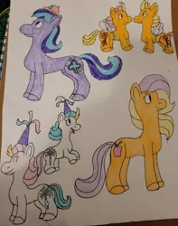 Size: 400x508 | Tagged: safe, artist:mintwhistle, derpibooru import, bright bramley, clever clover, earth pony, pony, g2, baby, baby pony, baseball cap, cap, eyes closed, fake wings, female, filly, fire (g2), flame (g2), foal, giggles (g2), hat, hennin, image, jpeg, looking at each other, looking at someone, looking up, male, mare, open mouth, open smile, rearing, siblings, smiling, smiling at each other, stallion, style emulation, tail, traditional art, twins, two toned mane, two toned tail, unshorn fetlocks, upa, wiggles (g2)