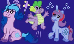Size: 2000x1200 | Tagged: safe, artist:mintwhistle, derpibooru import, izzy moonbow, sparkler (g1), spike, dragon, pony, unicorn, g1, g5, 123123, 2023, blue background, bow, colored hooves, dark blue background, fangs, female, g4, glow, glowing horn, happy, happy new year, happy new year 2024, holiday, horn, image, jumping, looking back, magic, magic aura, male, mare, medibang paint, new years eve, no pupils, open mouth, open smile, png, raised hoof, simple background, sitting, smiling, spark, sparkler (firework), sparkles, telekinesis, thought bubble, trio, unshorn fetlocks