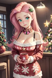 Size: 1024x1536 | Tagged: safe, ai content, derpibooru import, editor:sammykun, machine learning generated, fluttershy, human, beautiful, breasts, busty fluttershy, chocolate, christmas, christmas tree, cleavage, clothes, coffee mug, cute, female, food, g4, generator:yodayo, happy new year, holiday, hot chocolate, humanized, image, jpeg, long hair, long sleeves, looking at you, mug, prompter:sammykun, shoulderless, shyabetes, solo, sweater, tree, window, wood