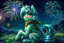 Size: 1792x1216 | Tagged: safe, ai content, artist:anonymous, machine learning generated, stable diffusion, lyra heartstrings, pony, unicorn, blushing, celebration, clothes, cute, detailed, feral, field, fireworks, fluffy, generator:easyfluff v11.2, generator:easyfluffv11.2, image, looking at you, new year, night, png, scarf, smiling, solo