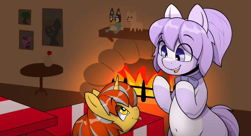Size: 2212x1200 | Tagged: safe, artist:ahobobo, derpibooru import, oc, oc:cinderheart, oc:mio (higglytownhero), unofficial characters only, earth pony, fox, pony, unicorn, :p, belly button, birthday, birthday gift, bluey, female, fireplace, gift art, image, mare, plushie, png, present, silly, tongue out