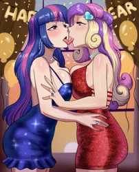 Size: 1655x2048 | Tagged: suggestive, artist:thebrokencog, derpibooru import, princess cadance, sci-twi, twilight sparkle, human, equestria girls, asymmetrical docking, balloon, big breasts, breasts, busty princess cadance, busty twilight sparkle, butt, celebration, clothes, commission, couple, dean cadance, dress, drunk, ear piercing, earring, fancy, female, females only, french kiss, hairpin, happy new year, holiday, humanized, image, infidelity, jewelry, kissing, lesbian, lidded eyes, love, lovebutt, married, married couple, necklace, new years eve, party, pearl necklace, piercing, png, ring, romance, romantic, ship:twidance, shipping, tongue out, tongue play, wedding ring, wtf