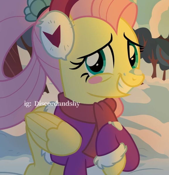 Size: 1080x1124 | Tagged: safe, artist:discordandshy, derpibooru import, fluttershy, pegasus, pony, blushing, clothes, female, g4, grin, image, jpeg, mare, older, older fluttershy, smiling, snow, solo, sweater