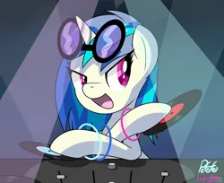 Size: 2250x1839 | Tagged: safe, artist:notadeliciouspotato, derpibooru import, vinyl scratch, pony, unicorn, female, g4, glowstick, image, mare, open mouth, open smile, png, record, signature, smiling, solo, sunglasses, turntable, vinyl's glasses