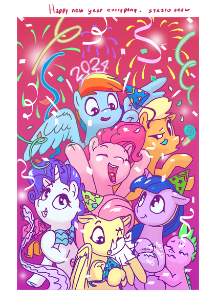 Size: 2048x2909 | Tagged: safe, artist:stratodraw, derpibooru import, applejack, fluttershy, pinkie pie, rainbow dash, rarity, spike, twilight sparkle, earth pony, pegasus, pony, unicorn, confetti, happy new year, hat, holiday, image, mane seven, mane six, party hat, party horn, passepartout, png, solo, streamers