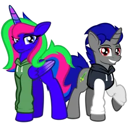 Size: 1000x1000 | Tagged: safe, artist:zeka10000, derpibooru import, oc, oc:adorie, oc:enigan, unofficial characters only, alicorn, pony, unicorn, derpibooru community collaboration, 2024 community collab, clothes, duo, female, hoodie, image, long hair, looking at you, male, mare, paint, png, simple background, size difference, smiling, spiky hair, spiky mane, stallion, transparent background, wings