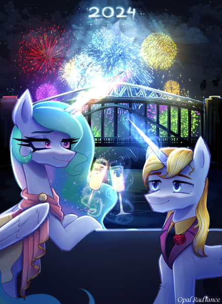 Size: 2168x2969 | Tagged: safe, artist:opal_radiance, derpibooru import, prince blueblood, princess celestia, oc, oc:opal rosamond, alicorn, pony, unicorn, equestria at war mod, 2024, alcohol, champagne, clothes, dress, fireworks, happy new year, holiday, image, png, wine