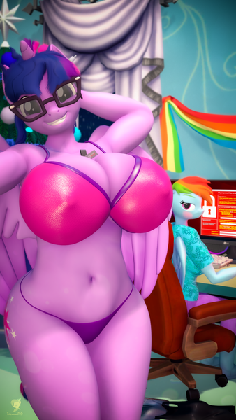 Size: 2160x3840 | Tagged: suggestive, artist:silkworm205, derpibooru import, rainbow dash, sci-twi, twilight sparkle, twilight sparkle (alicorn), alicorn, anthro, pegasus, 3d, 4k, absurd resolution, annoyed, arm behind head, belly, between breasts, big breasts, blushing, bra, breasts, chair, clothes, computer, curtains, desk, discarded clothing, female, females only, fluffy mane, folded wings, glasses, grin, high res, huge breasts, image, keyboard, lesbian, looking at you, looking back, monitor, office chair, panties, png, rainbow dash is not amused, rainbow flag, ransomware, selfie, ship:sci-twidash, shipping, smiling, snow, snowfall, solo focus, source filmmaker, twidash, unamused, underwear, usb, virus, wide hips, wings