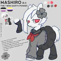 Size: 4096x4096 | Tagged: safe, artist:metaruscarlet, derpibooru import, oc, oc:mashiro, earth pony, pony, pony town, asexual pride flag, clothes, earth pony oc, english, flower, gray background, image, japanese, kanji, moon runes, nonbinary pride flag, png, pride, pride flag, reference sheet, sailor uniform, shoes, simple background, socks, uniform