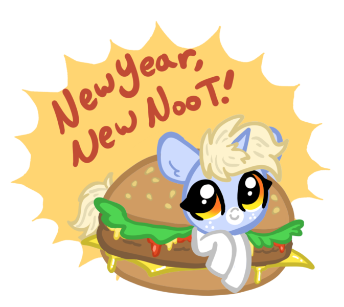 Size: 834x744 | Tagged: safe, artist:nootaz, derpibooru import, oc, oc:nootaz, unofficial characters only, pony, unicorn, burger, cheeseburger, coat markings, female, food, freckles, hamburger, happy new year, holiday, image, mare, png, ponies in food, simple background, smiling, socks (coat marking), solo, transparent background