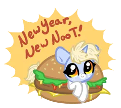 Size: 834x744 | Tagged: safe, artist:nootaz, derpibooru import, oc, oc:nootaz, unofficial characters only, pony, unicorn, burger, cheeseburger, coat markings, female, food, freckles, hamburger, happy new year, holiday, image, mare, png, ponies in food, simple background, smiling, socks (coat marking), solo, transparent background
