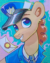 Size: 946x1200 | Tagged: safe, artist:krista-21, derpibooru import, parcel post, post haste, earth pony, pony, abstract background, bust, commission, grin, image, jpeg, letter, mailpony, male, smiling, solo, stallion, traditional art