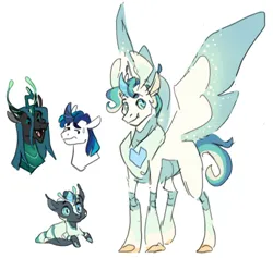 Size: 1800x1705 | Tagged: safe, artist:baylard, derpibooru import, queen chrysalis, shining armor, oc, oc:mimic, changedling, changeling, changeling larva, changeling queen, changepony, hybrid, pony, unicorn, female, image, interspecies offspring, offspring, parent:queen chrysalis, parent:shining armor, parents:shining chrysalis, png, simple background, white background