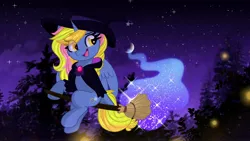 Size: 3840x2160 | Tagged: safe, artist:littleblackraencloud, derpibooru import, oc, unofficial characters only, alicorn, pony, alicorn oc, broom, hat, horn, image, jpeg, solo, wings, witch hat