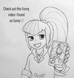 Size: 2931x3047 | Tagged: safe, artist:public mistake, derpibooru import, sonata dusk, human, equestria girls, cute, dialogue, female, grayscale, image, looking at you, mobile phone, monochrome, open mouth, open smile, phone, png, smartphone, smiling, smiling at you, solo, sonatabetes, talking to viewer, traditional art