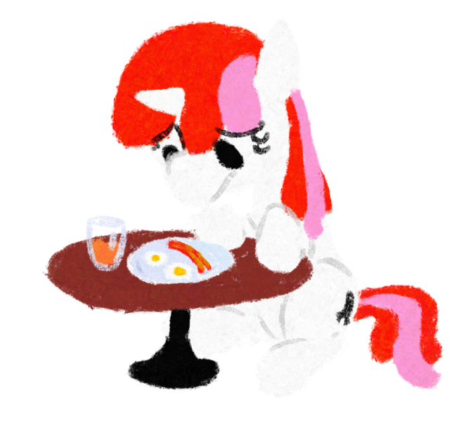 Size: 1092x1014 | Tagged: safe, artist:purppone, ponerpics import, oc, oc:righty tighty, pony, breakfast, female, image, juice, lineless, mare, orange juice, png, simple background, solo, table, transparent background