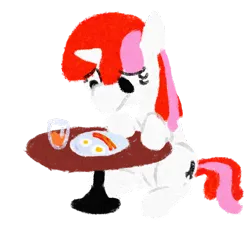 Size: 1092x1014 | Tagged: safe, artist:purppone, ponerpics import, oc, oc:righty tighty, pony, breakfast, female, image, juice, lineless, mare, orange juice, png, simple background, solo, table, transparent background