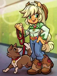 Size: 828x1104 | Tagged: safe, artist:sparkytopia, derpibooru import, applejack, winona, dog, equestria girls, boots, canterlot high, clothes, cowboy boots, cowboy hat, female, g4, hat, image, jpeg, open mouth, open smile, ponied up, pony ears, shoes, smiling, solo