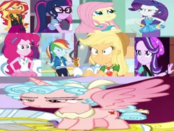 Size: 828x621 | Tagged: safe, artist:questphillips, derpibooru import, edit, edited screencap, screencap, applejack, cozy glow, fluttershy, pinkie pie, rainbow dash, rarity, sci-twi, starlight glimmer, sunset shimmer, twilight sparkle, alicorn, human, pony, equestria girls, the ending of the end, alicornified, angry, cozycorn, g4, humane five, humane seven, humane six, image, png, race swap, wrong aspect ratio
