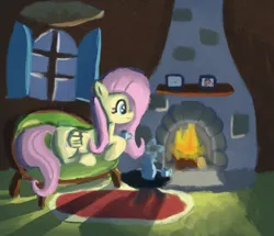 Size: 2968x2550 | Tagged: safe, artist:purppone, ponerpics import, fluttershy, pony, chocolate, comfy, female, fireplace, food, hot chocolate, image, mare, numget, png, scout, solo