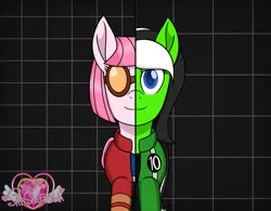 Size: 2330x1818 | Tagged: safe, artist:muhammad yunus, derpibooru import, oc, oc:annisa trihapsari, oc:teahie, unofficial characters only, earth pony, pony, series:the guardian of leadership, >:), ben 10, ben 10 generator rex heroes united, ben tennyson, black and white, black background, clothes, cosplay, costume, crossover, earth pony oc, female, generator rex, goggles, grayscale, image, jacket, looking at you, mare, monochrome, pants, png, rex salazar, shirt, simple background, smiling, smiling at you, watermark
