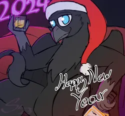 Size: 1930x1800 | Tagged: safe, artist:somber, derpibooru import, oc, oc:corvus, gryphon, alcohol, christmas, glass, happy new year, hat, holiday, image, male, png, santa hat, solo, text, whiskey