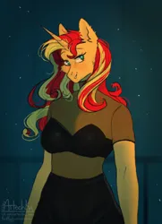 Size: 1562x2160 | Tagged: safe, artist:artem66633, derpibooru import, sunset shimmer, anthro, unicorn, blushing, bra, breasts, busty sunset shimmer, cheek fluff, clothes, ear fluff, female, image, png, see-through, see-through shirt, shirt, solo, underwear