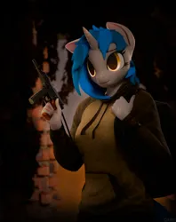 Size: 3858x4868 | Tagged: safe, artist:dark-fic, derpibooru import, oc, oc:homage, unofficial characters only, anthro, unicorn, fallout equestria, 3d, backpack, blender, blender cycles, clothes, gun, image, png, solo, sweater, weapon