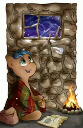 Size: 2500x3864 | Tagged: safe, artist:midnightpremiere, derpibooru import, oc, unofficial characters only, earth pony, pony, blanket, campfire, fire, image, jpeg, looking up, male, open mouth, open smile, pencil, smiling, snow, snowfall, solo, stallion, winter