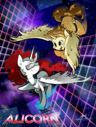 Size: 2121x2824 | Tagged: safe, artist:midnightpremiere, derpibooru import, oc, oc:princess apricity, oc:princess poutine, unofficial characters only, alicorn, earth pony, pony, alicorn oc, duo, female, horn, image, jpeg, mare, vaporwave, wings