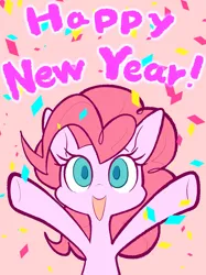 Size: 1535x2048 | Tagged: safe, artist:noupu, derpibooru import, pinkie pie, earth pony, pony, bust, colored pupils, confetti, cute, diapinkes, female, happy new year, happy new year 2024, holiday, image, jpeg, mare, open mouth, open smile, pink background, simple background, smiling, solo, spread hooves