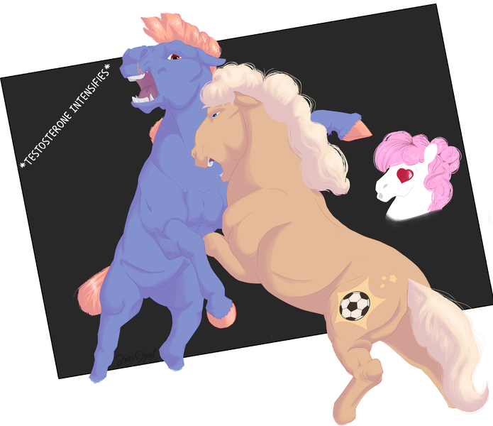 Size: 2500x2159 | Tagged: safe, artist:neighbaby, derpibooru import, ace, sweetheart, teddy, earth pony, pony, g1, female, fight, horses doing horse things, image, male, mare, png, stallion, trio