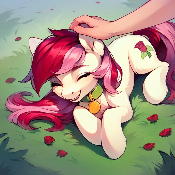 Size: 4096x4096 | Tagged: safe, ai content, derpibooru import, machine learning generated, prompter:doom9454, stable diffusion, roseluck, earth pony, human, pony, collar, cute, eyes closed, generator:purplesmart.ai, human on pony petting, image, jpeg, lying down, offscreen character, offscreen human, pet tag, petting, pony pet, rosepet