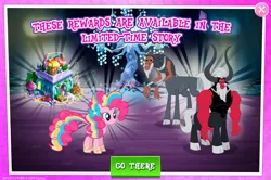 Size: 1957x1297 | Tagged: safe, derpibooru import, official, lord tirek, pinkie pie, centaur, earth pony, pony, taur, apple, bush, cloven hooves, english, female, food, g4, gameloft, horns, image, jpeg, limited-time story, male, mare, mobile game, my little pony: magic princess, rainbow power, rainbow power-ified, text