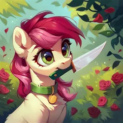 Size: 1024x1024 | Tagged: safe, ai content, derpibooru import, machine learning generated, prompter:doom9454, stable diffusion, roseluck, earth pony, pony, chest fluff, collar, flower, generator:purplesmart.ai, grimcute, image, jpeg, knife, pet tag, pony pet, rose, rosepet, solo