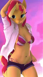 Size: 1080x1920 | Tagged: suggestive, artist:glitchwithahat, ponerpics import, sunset shimmer, anthro, 3d, bikini, breasts, clothes, female, image, jpeg, swimsuit