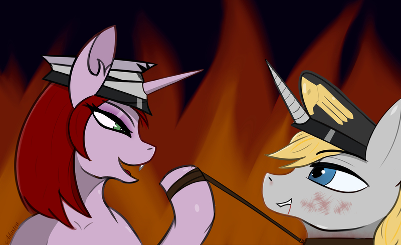 Size: 6000x3671 | Tagged: semi-grimdark, artist:adastra, derpibooru import, prince blueblood, changeling, pony, unicorn, equestria at war mod, blood, collar, commission, image, jpeg, leash, looking at each other, looking at someone, pet play, smiling, smiling at each other