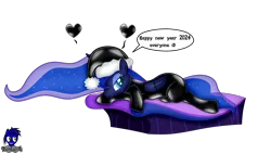 Size: 7680x4362 | Tagged: safe, artist:damlanil, derpibooru import, princess luna, alicorn, pony, bed, bodysuit, clothes, comic, cute, female, floating heart, hat, heart, horn, image, latex, latex suit, looking at you, lunabetes, lying down, mare, on bed, png, rubber, shiny, show accurate, simple background, smiling, smiling at you, solo, speech bubble, suit, talking to viewer, text, transparent background, vector, wings
