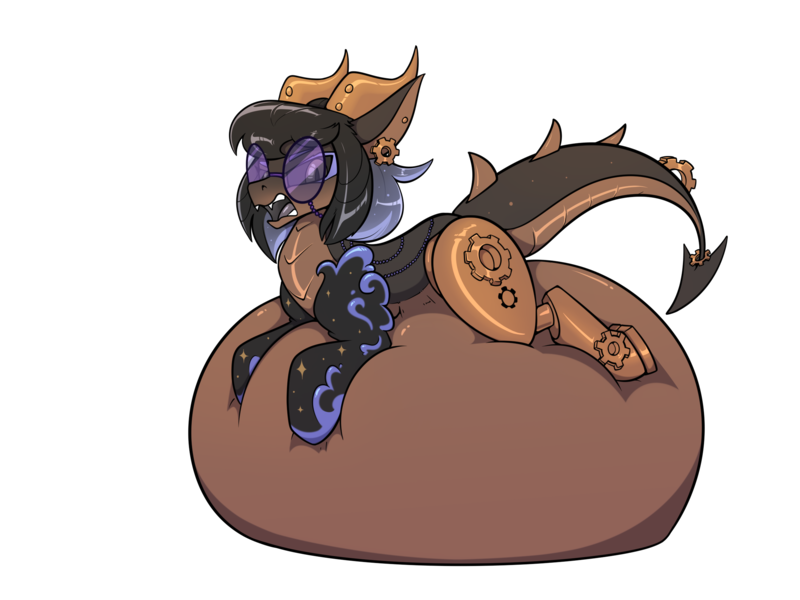 Size: 2400x1800 | Tagged: questionable, artist:change, derpibooru import, oc, oc:medea violet ring, unofficial characters only, original species, pony, amputee, belly, belly bed, big belly, dragon tail, ear piercing, earring, female, gears, glasses, horn, huge belly, hybrid oc, image, impossibly large belly, jewelry, mare, multiple horns, open mouth, piercing, png, prosthetic limb, prosthetics, simple background, slit pupils, solo, tail, transparent background, vore