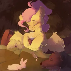 Size: 3968x4000 | Tagged: safe, artist:avery-valentine, derpibooru import, fluttershy, bear, pegasus, pony, rabbit, rat, animal, coffee, coffee cup, cup, eyes closed, image, jpeg, spread wings, wings